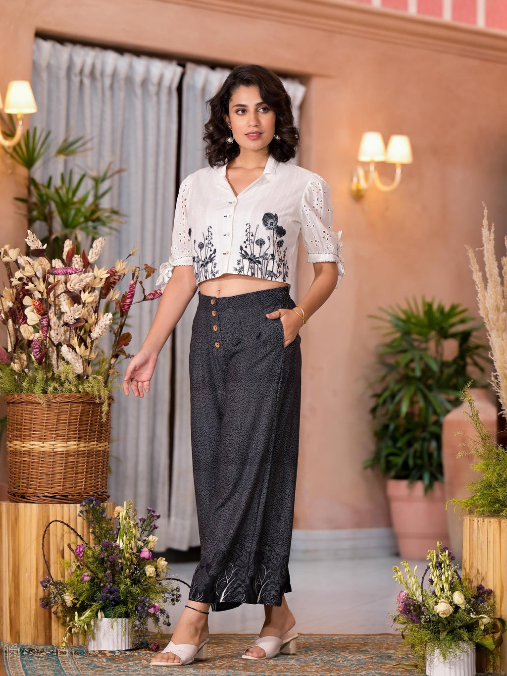 Juniper Women's Black Pure Cotton Embroidered Top Set | Grocsy
