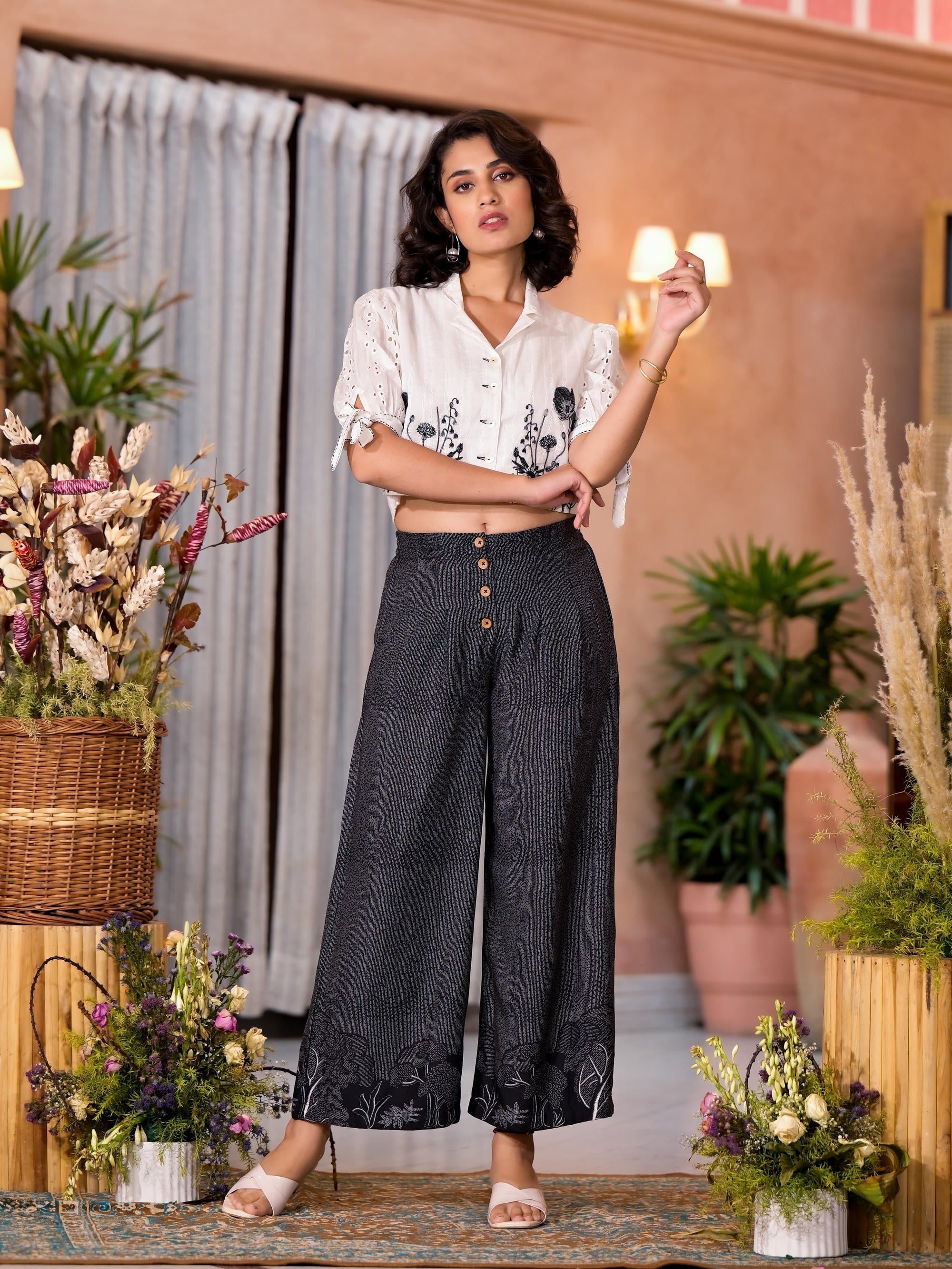 Juniper Women's Black Pure Cotton Embroidered Top Set | Grocsy
