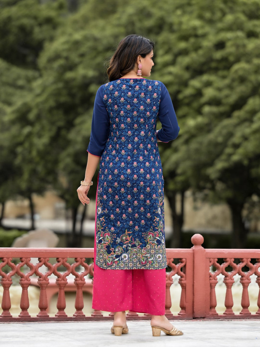 Juniper Women's Blue Ethnic Motif Printed Viscose Kurta Pant And Dupatta Set With Sequins Work | Grocsy
