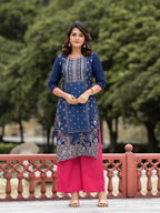 Juniper Women's Blue Ethnic Motif Printed Viscose Kurta Pant And Dupatta Set With Sequins Work | Grocsy