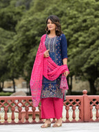 Juniper Women's Blue Ethnic Motif Printed Viscose Kurta Pant And Dupatta Set With Sequins Work | Grocsy