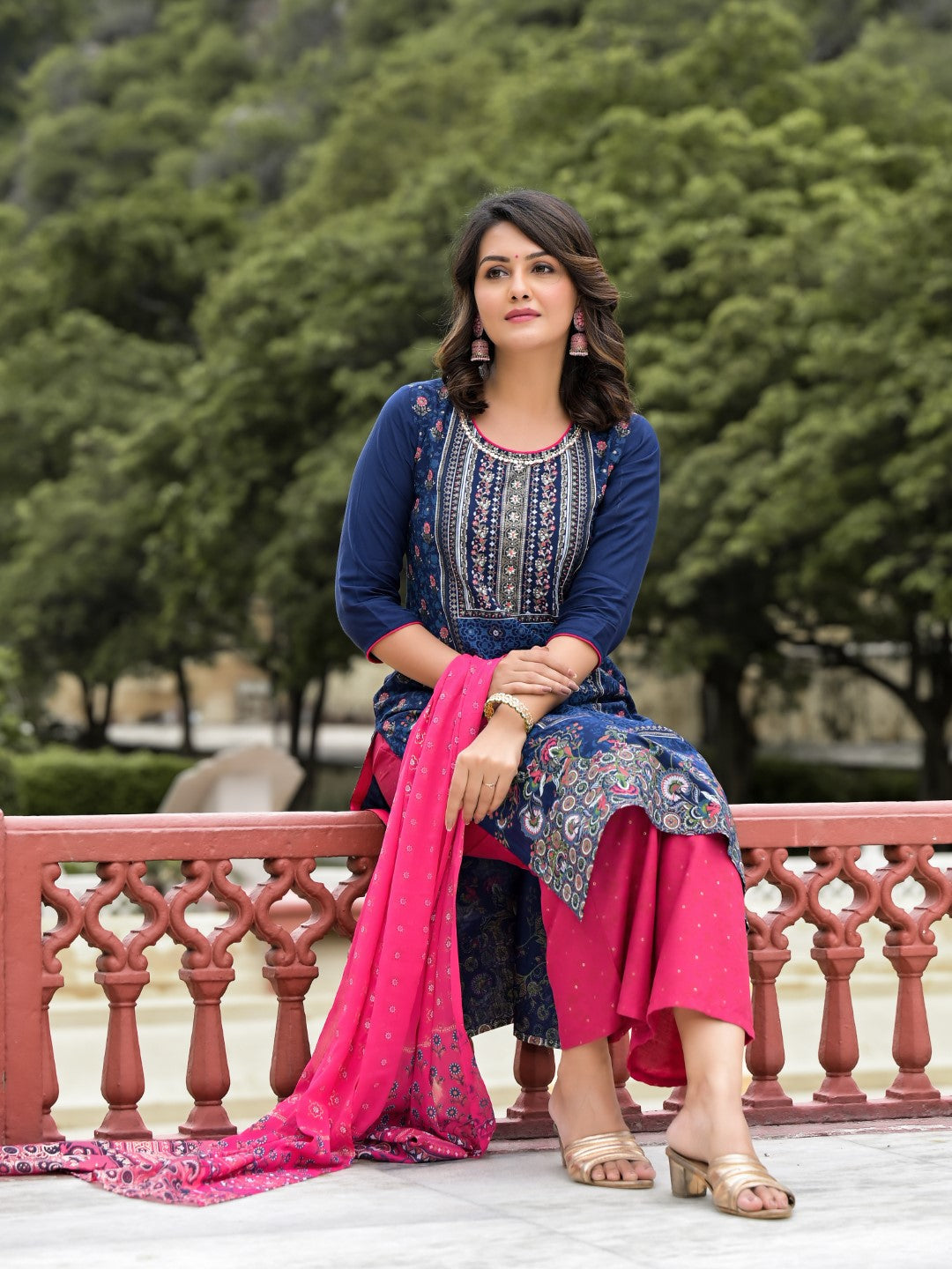 Juniper Women's Blue Ethnic Motif Printed Viscose Kurta Pant And Dupatta Set With Sequins Work | Grocsy