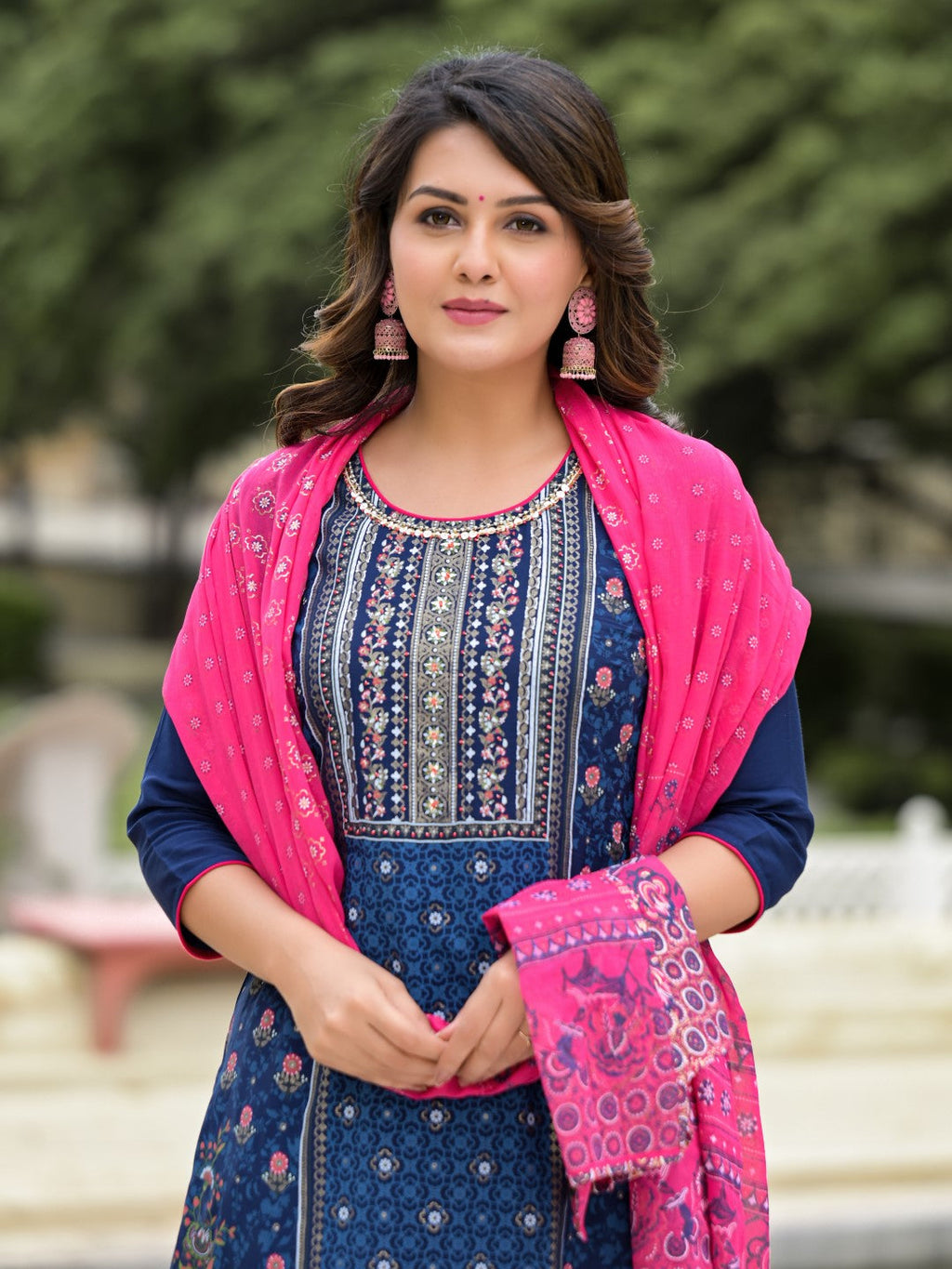 Juniper Women's Blue Ethnic Motif Printed Viscose Kurta Pant And Dupatta Set With Sequins Work | Grocsy
