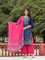 Juniper Women's Blue Ethnic Motif Printed Viscose Kurta Pant And Dupatta Set With Sequins Work | Grocsy