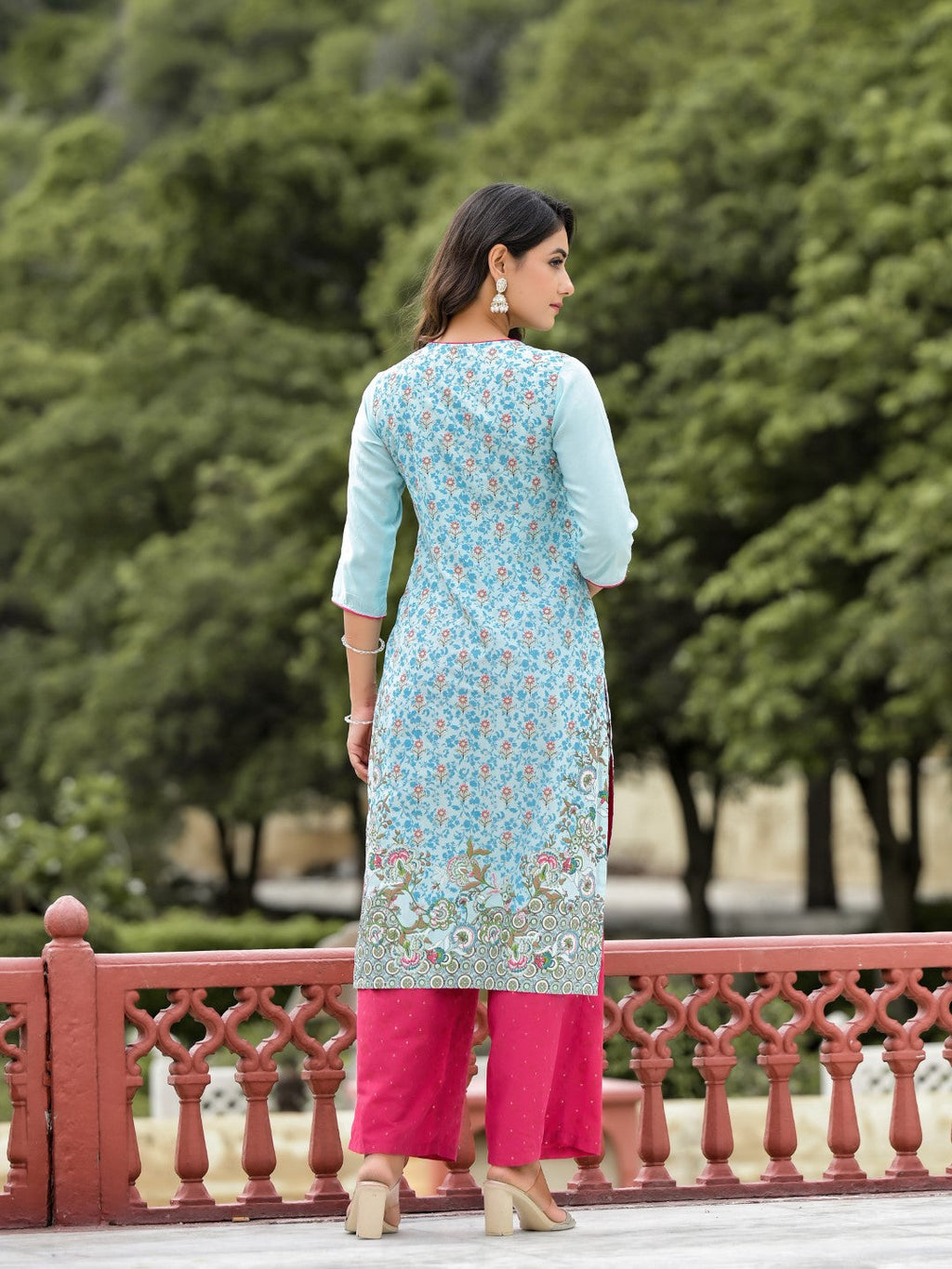 Juniper Women's Sky Blue Ethnic Motif Printed Viscose Kurta Pant And Dupatta Set With Sequins Work And Beads Work | Grocsy