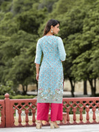 Juniper Women's Sky Blue Ethnic Motif Printed Viscose Kurta Pant And Dupatta Set With Sequins Work And Beads Work | Grocsy