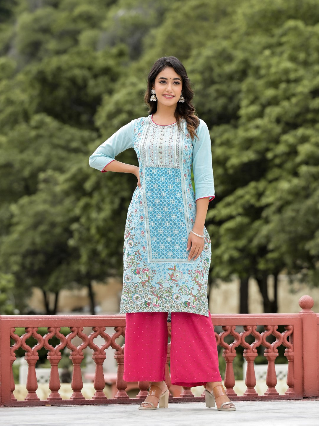 Juniper Women's Sky Blue Ethnic Motif Printed Viscose Kurta Pant And Dupatta Set With Sequins Work And Beads Work | Grocsy