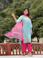 Juniper Women's Sky Blue Ethnic Motif Printed Viscose Kurta Pant And Dupatta Set With Sequins Work And Beads Work | Grocsy