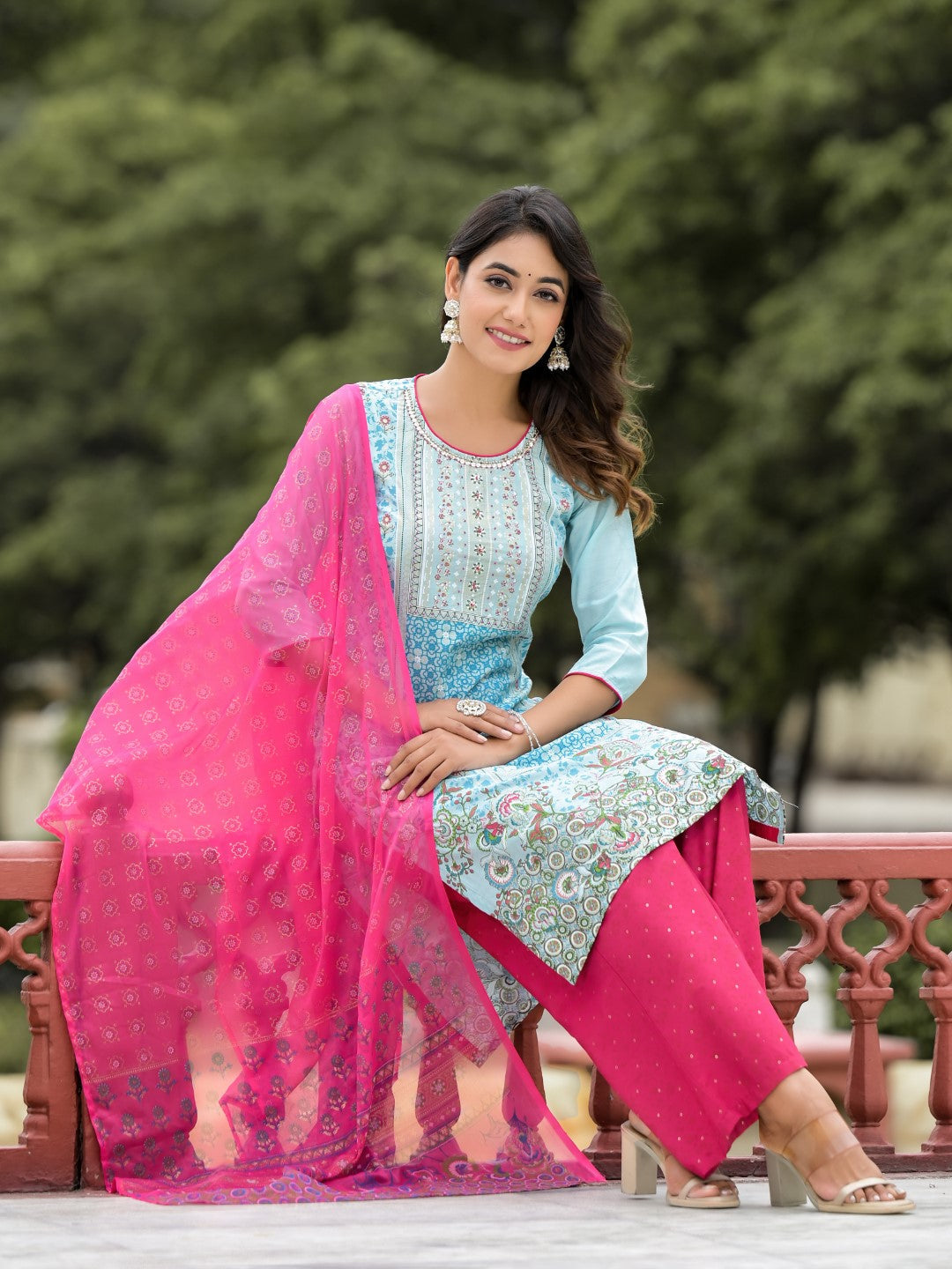 Juniper Women's Sky Blue Ethnic Motif Printed Viscose Kurta Pant And Dupatta Set With Sequins Work And Beads Work | Grocsy