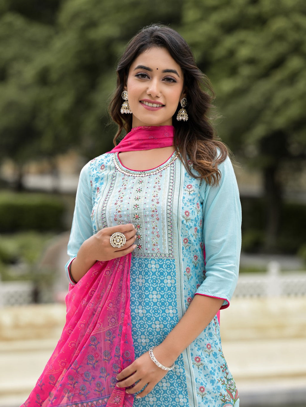 Juniper Women's Sky Blue Ethnic Motif Printed Viscose Kurta Pant And Dupatta Set With Sequins Work And Beads Work | Grocsy