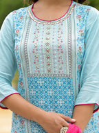 Juniper Women's Sky Blue Ethnic Motif Printed Viscose Kurta Pant And Dupatta Set With Sequins Work And Beads Work | Grocsy