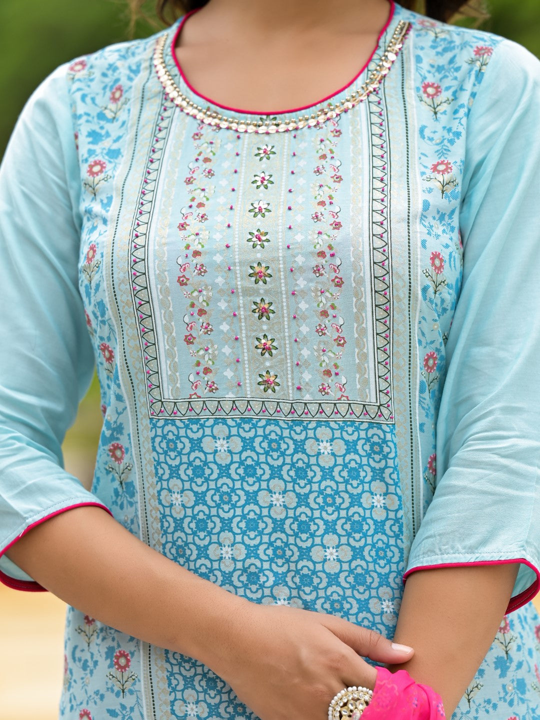 Juniper Women's Sky Blue Ethnic Motif Printed Viscose Kurta Pant And Dupatta Set With Sequins Work And Beads Work | Grocsy