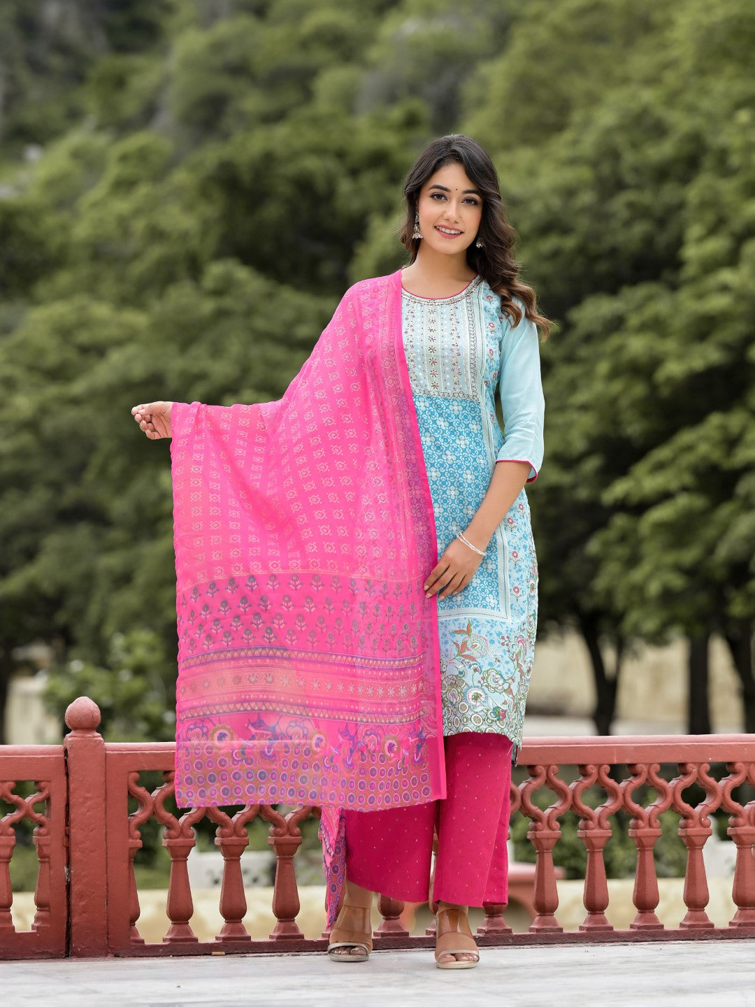 Juniper Women's Sky Blue Ethnic Motif Printed Viscose Kurta Pant And Dupatta Set With Sequins Work And Beads Work | Grocsy