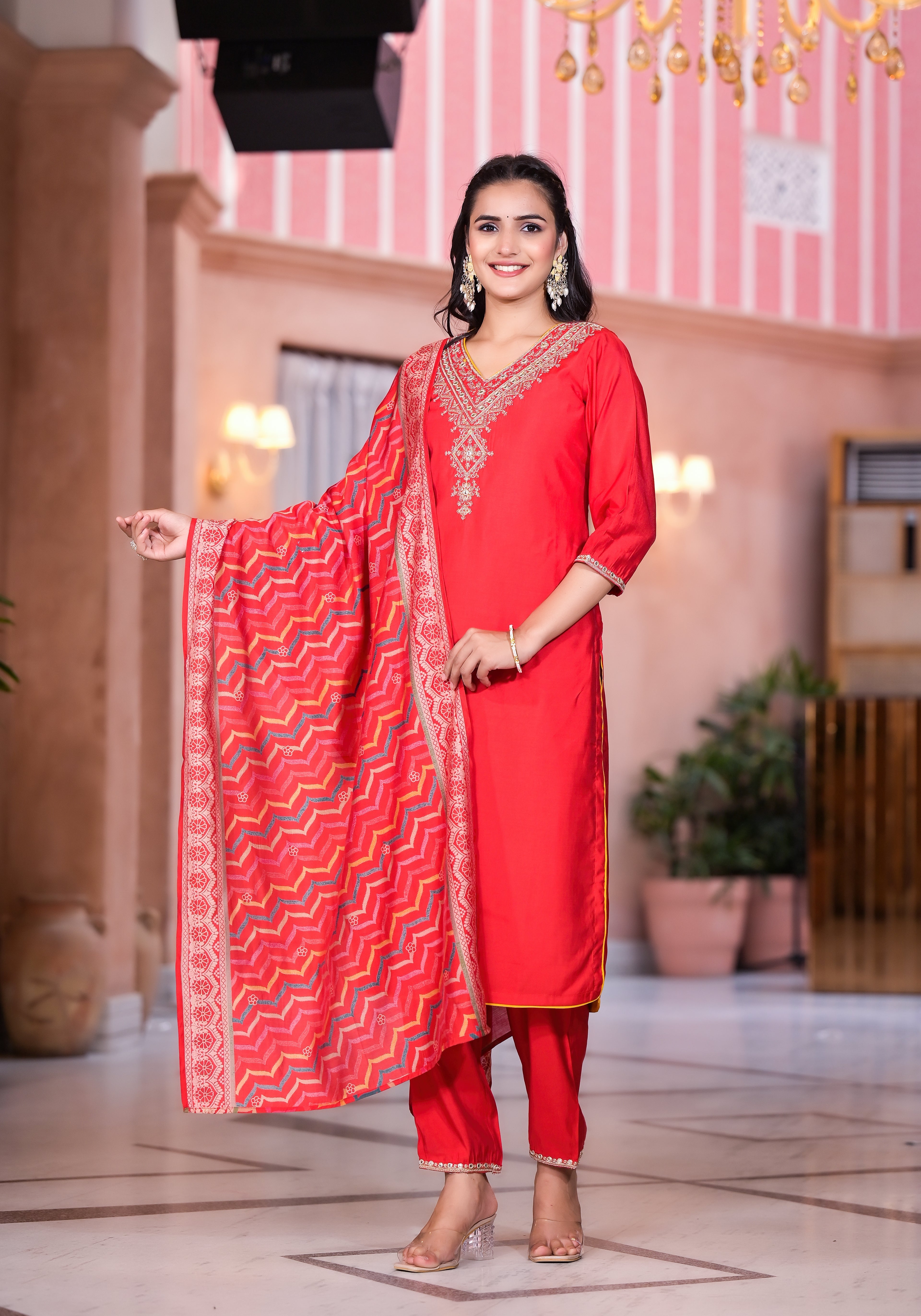 Juniper Women's Red Zari Embroidered Viscose Kurta Set With Mirror Work | Grocsy