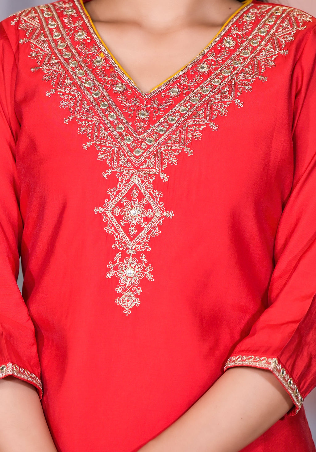 Juniper Women's Red Zari Embroidered Viscose Kurta Set With Mirror Work | Grocsy