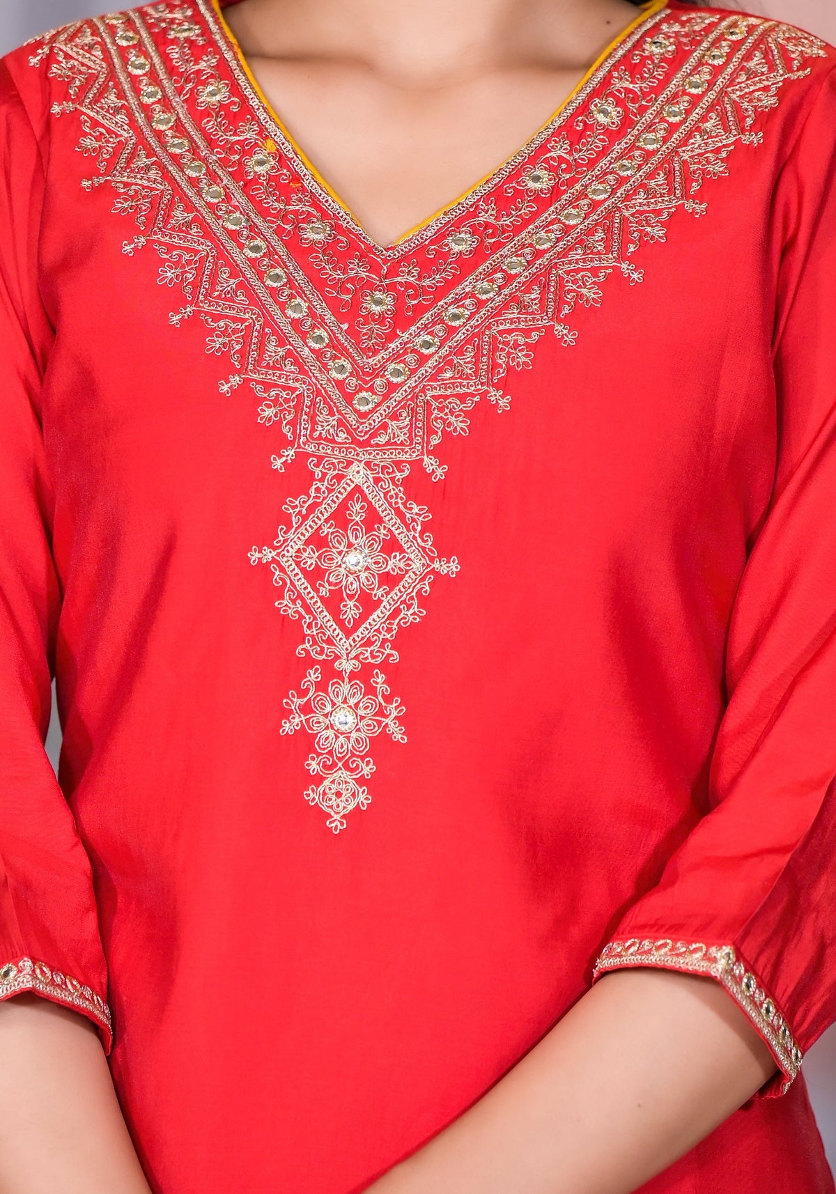 Juniper Women's Red Zari Embroidered Viscose Kurta Set With Mirror Work | Grocsy