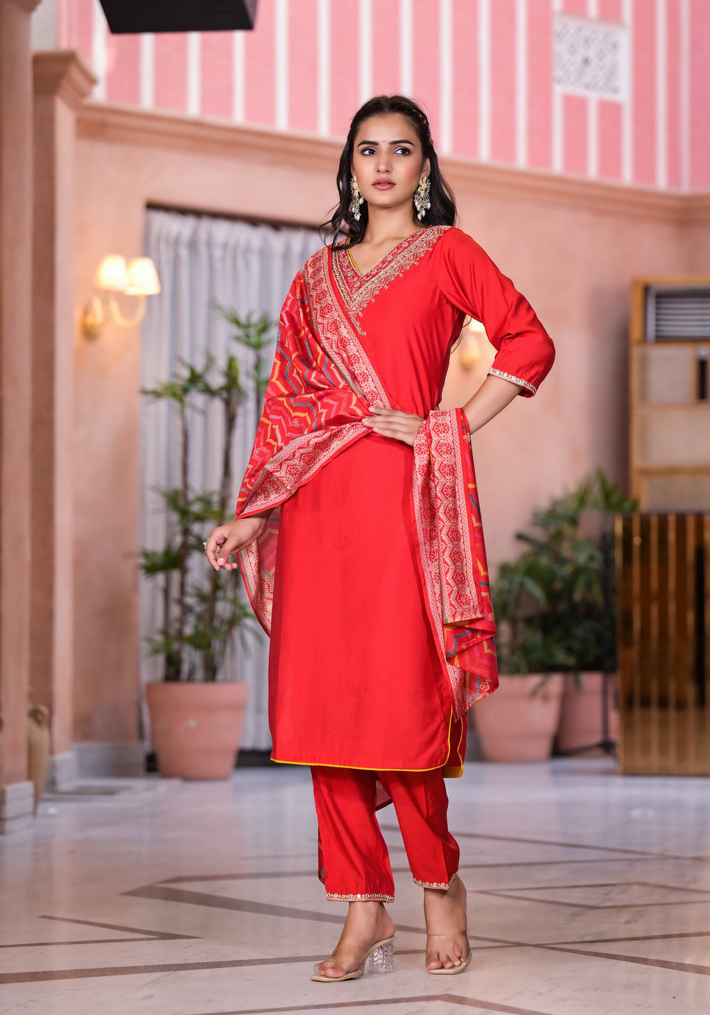 Juniper Women's Red Zari Embroidered Viscose Kurta Set With Mirror Work | Grocsy
