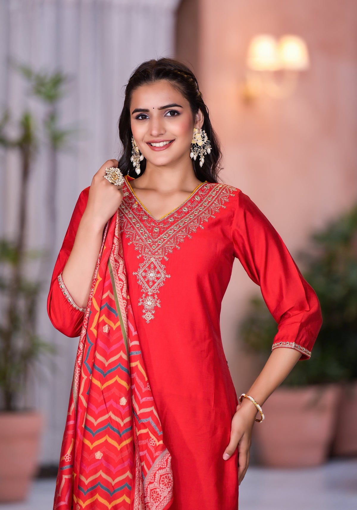 Juniper Women's Red Zari Embroidered Viscose Kurta Set With Mirror Work | Grocsy