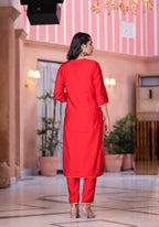 Juniper Women's Red Zari Embroidered Viscose Kurta Set With Mirror Work | Grocsy