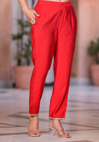 Juniper Women's Red Zari Embroidered Viscose Kurta Set With Mirror Work | Grocsy