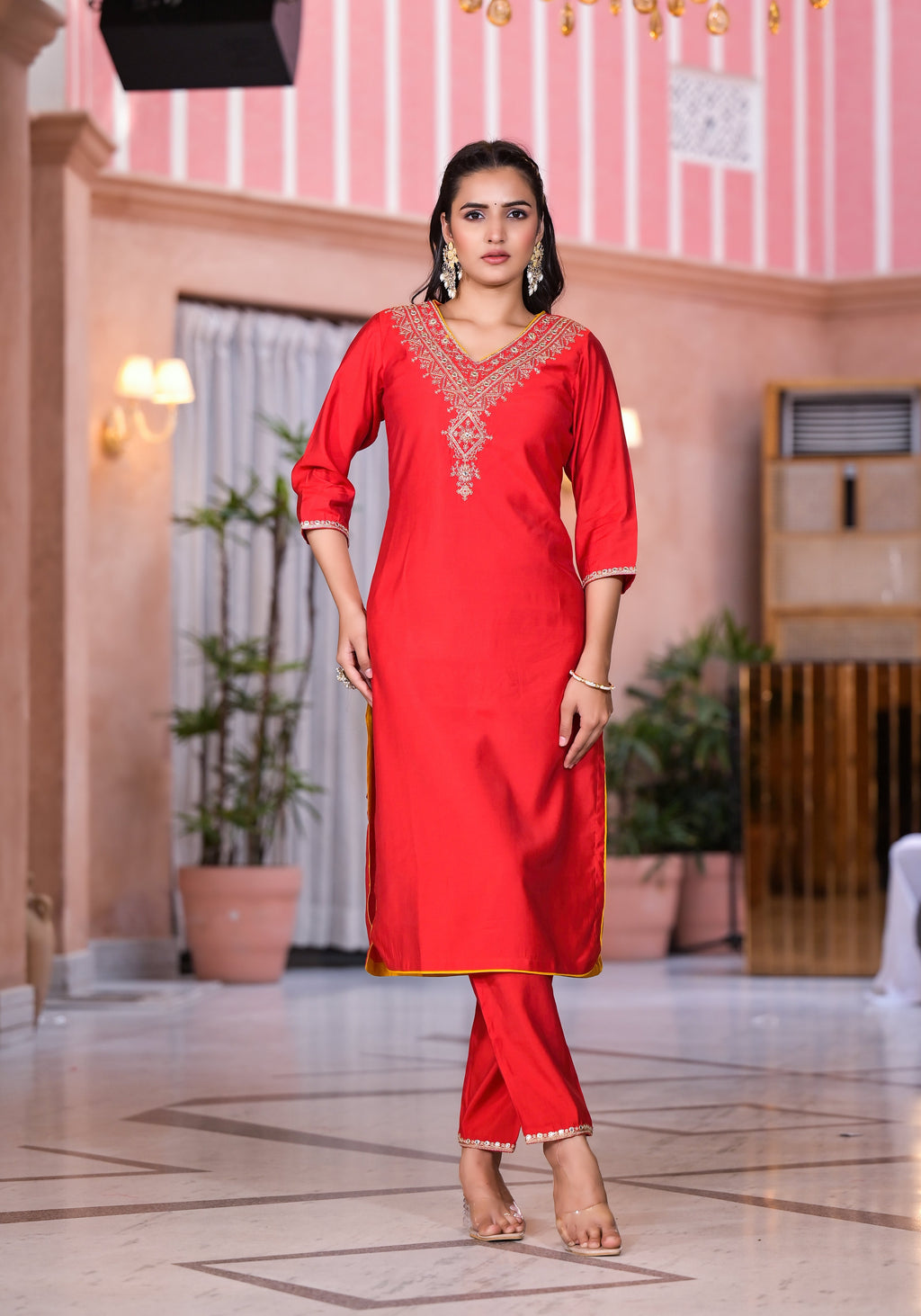Juniper Women's Red Zari Embroidered Viscose Kurta Set With Mirror Work | Grocsy