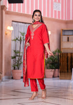 Juniper Women's Red Zari Embroidered Viscose Kurta Set With Mirror Work | Grocsy