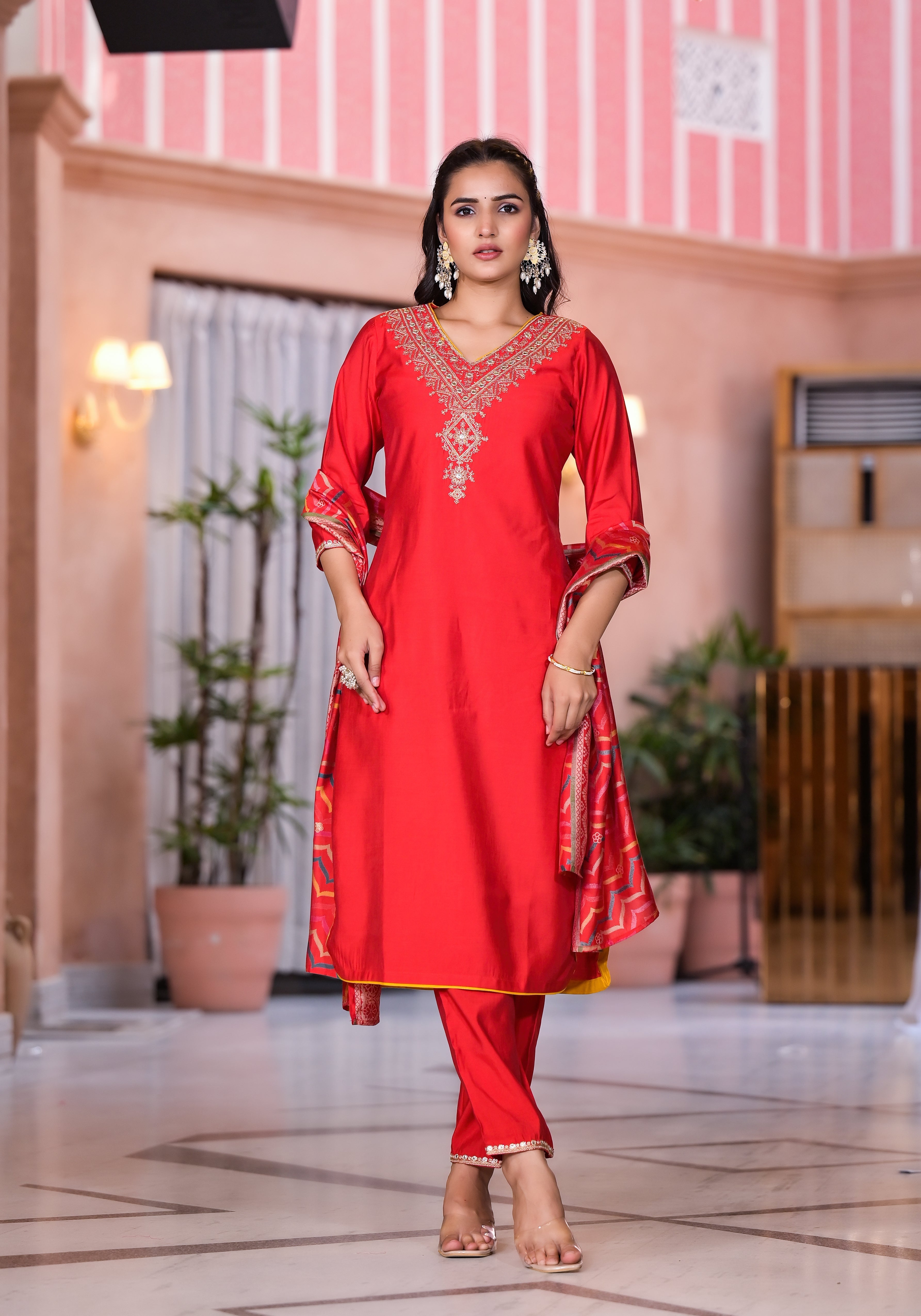 Juniper Women's Red Zari Embroidered Viscose Kurta Set With Mirror Work | Grocsy