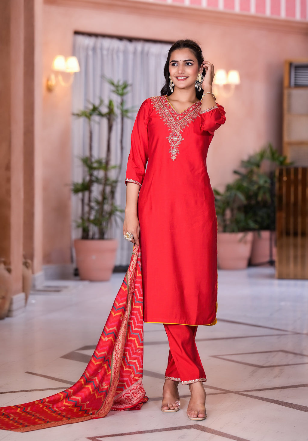 Juniper Women's Red Zari Embroidered Viscose Kurta Set With Mirror Work | Grocsy