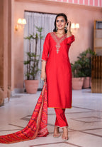 Juniper Women's Red Zari Embroidered Viscose Kurta Set With Mirror Work | Grocsy