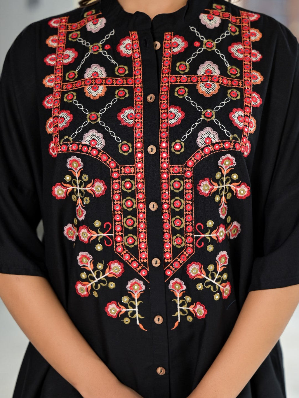 Juniper Women's Black Thread Embroidered Liva Rayon Tunic Pant Set With Mirror Work & Buttons | Grocsy