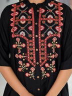 Juniper Women's Black Thread Embroidered Liva Rayon Tunic Pant Set With Mirror Work & Buttons | Grocsy