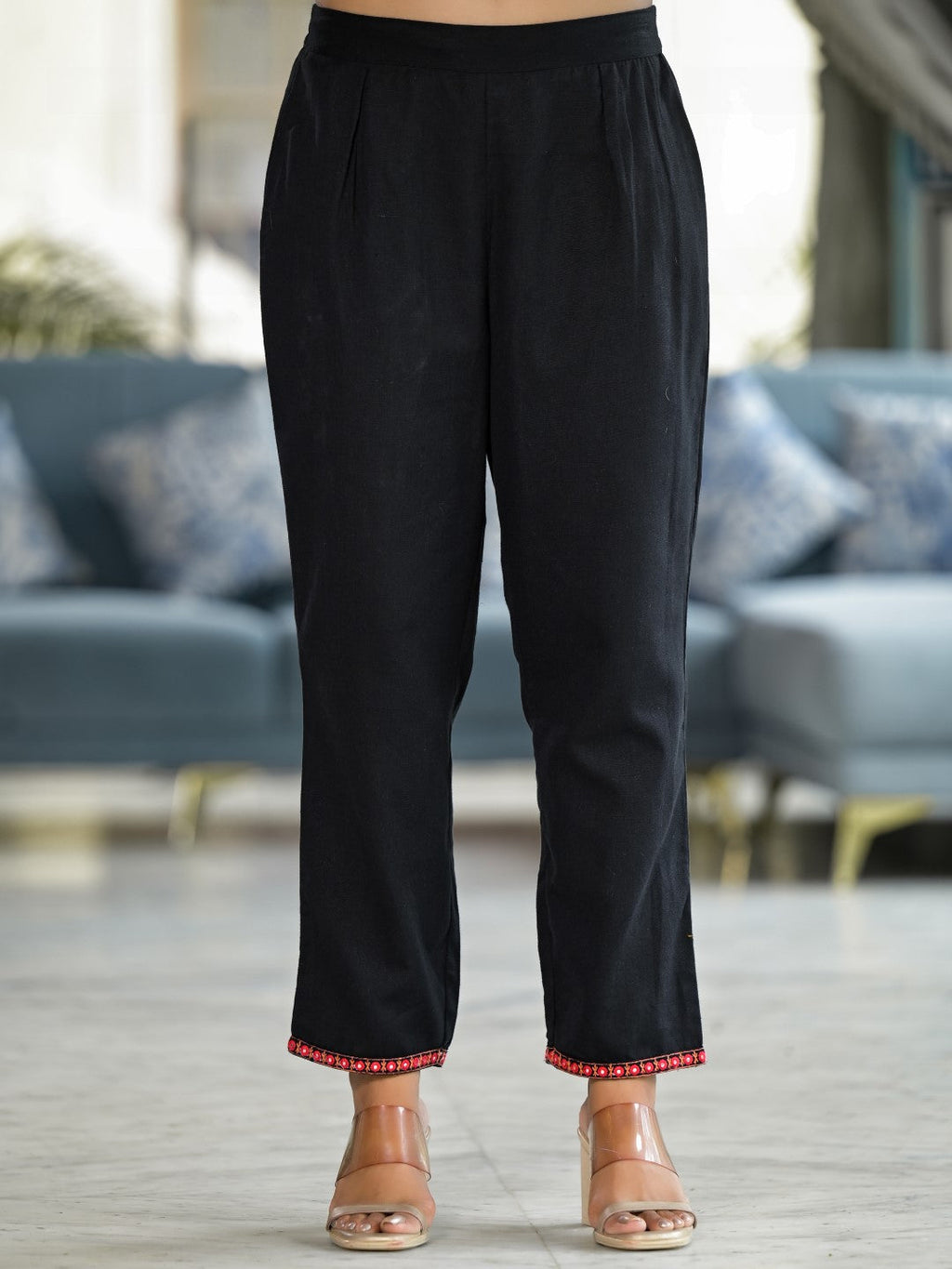 Juniper Women's Black Thread Embroidered Liva Rayon Tunic Pant Set With Mirror Work & Buttons | Grocsy