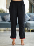Juniper Women's Black Thread Embroidered Liva Rayon Tunic Pant Set With Mirror Work & Buttons | Grocsy