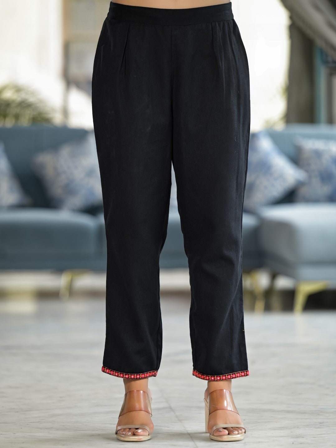 Juniper Women's Black Thread Embroidered Liva Rayon Tunic Pant Set With Mirror Work & Buttons | Grocsy