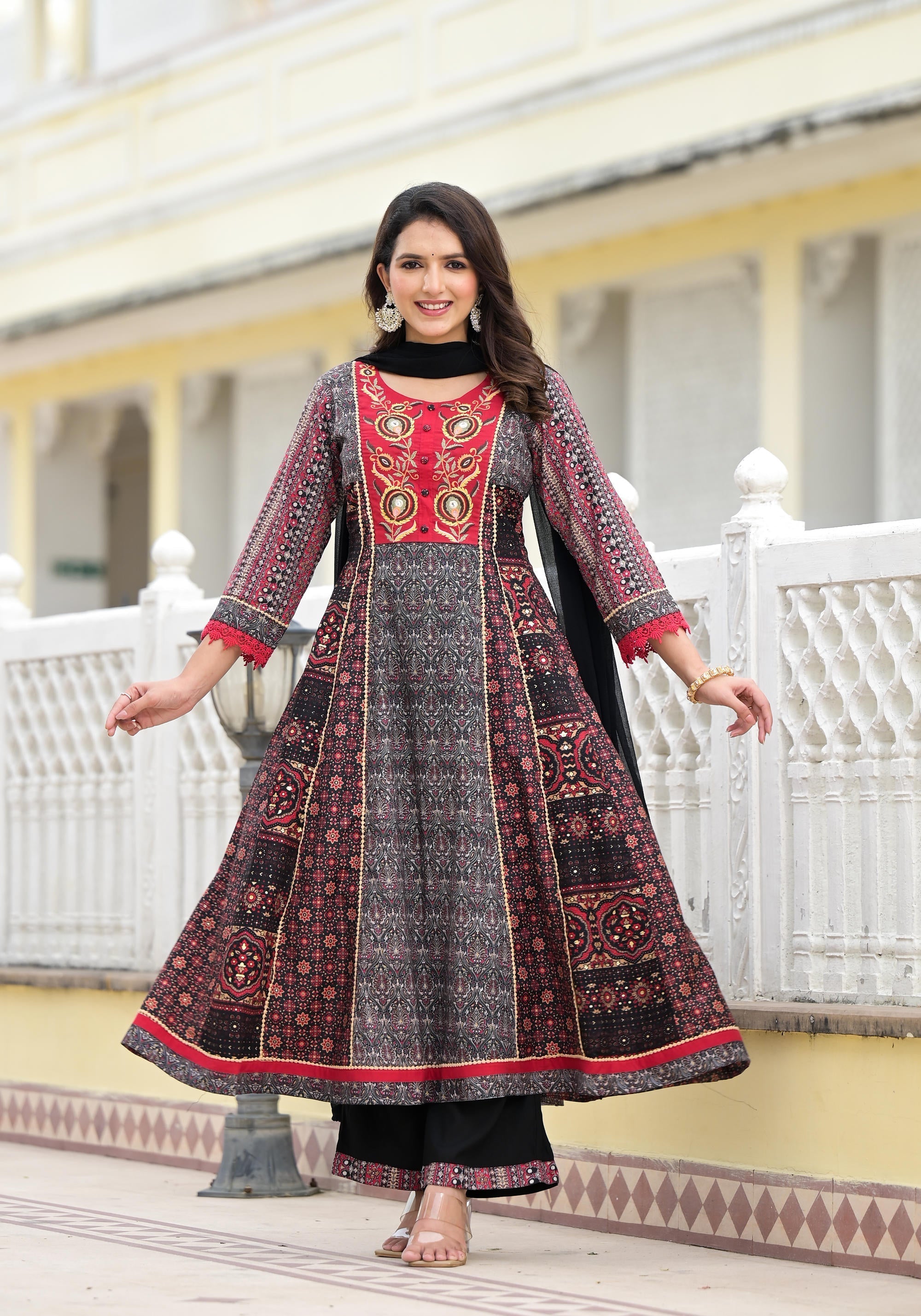 Juniper Women's Black Silk Blend Printed Kurta Set | Grocsy