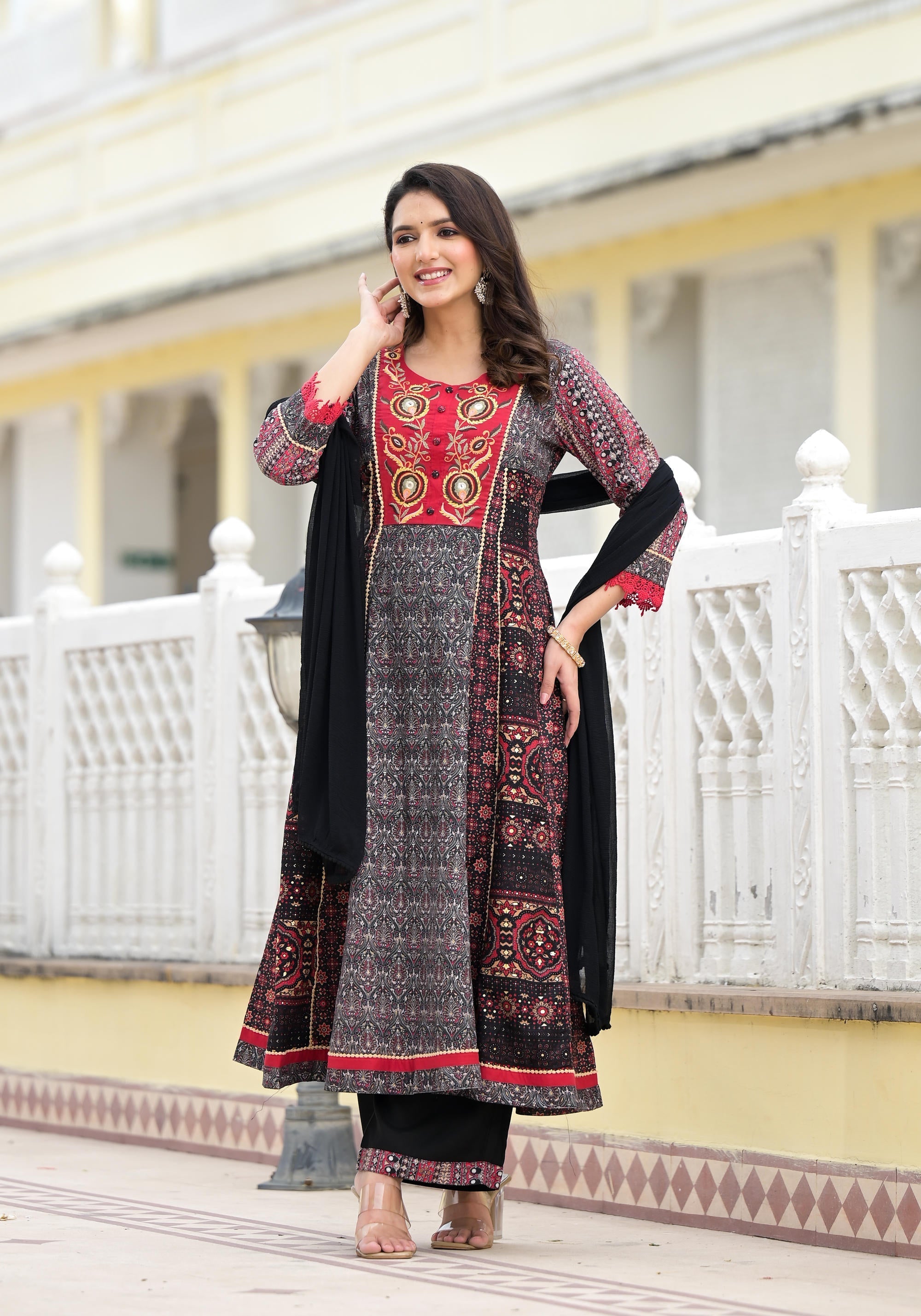 Juniper Women's Black Silk Blend Printed Kurta Set | Grocsy