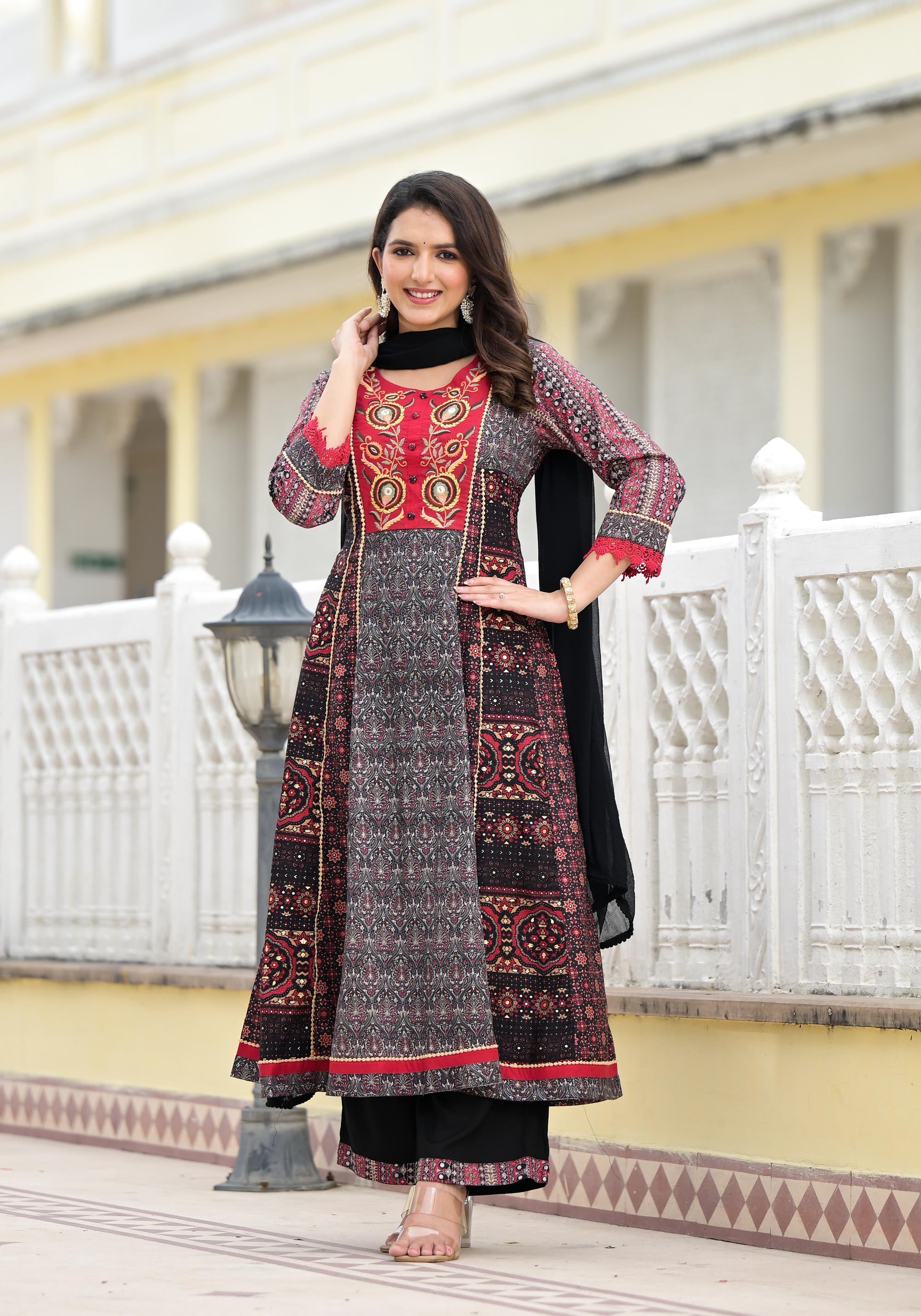 Juniper Women's Black Silk Blend Printed Kurta Set | Grocsy