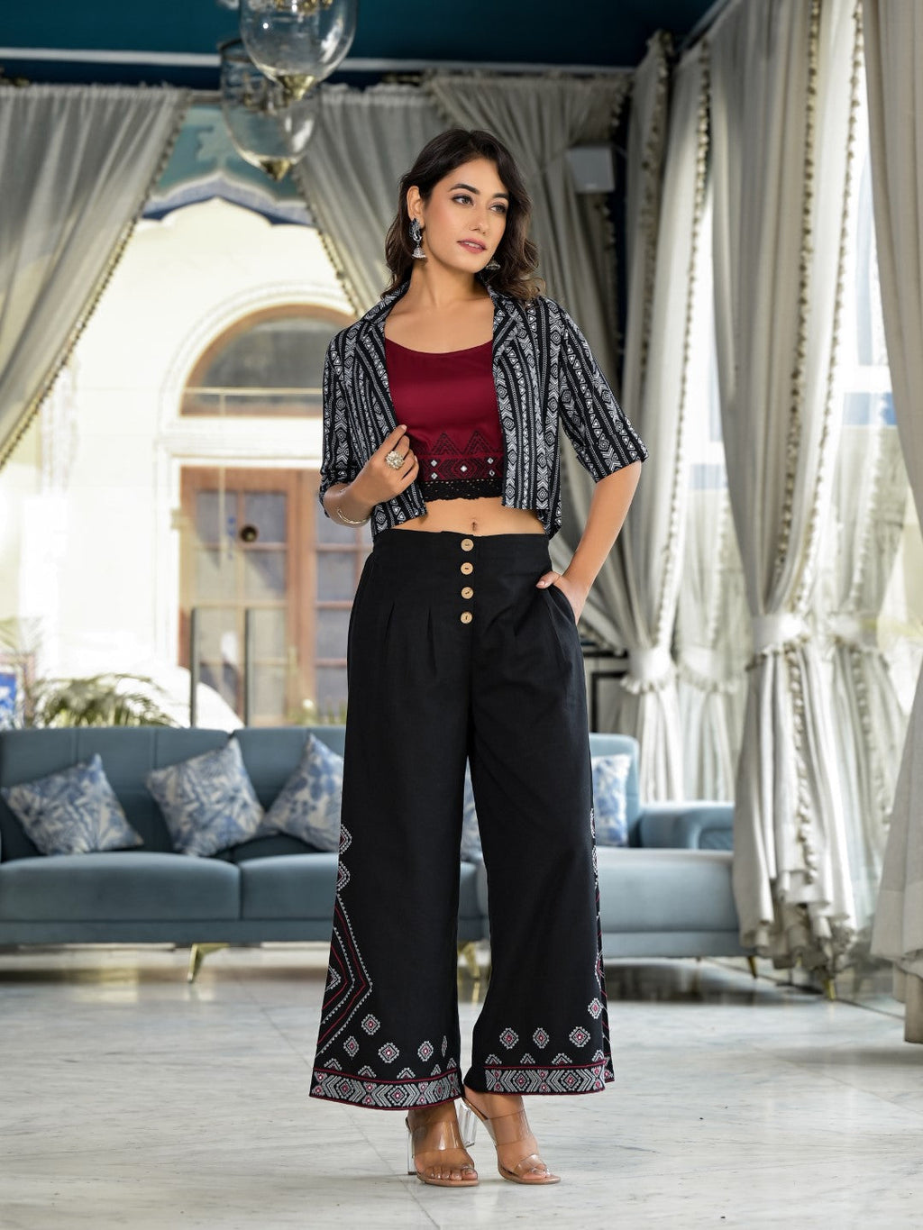 Juniper Women's Black Geometric Printed Liva Rayon Shrug With Inner & Palazzo Set With Thread & Mirror Work | Grocsy