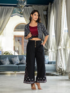 Juniper Women's Black Geometric Printed Liva Rayon Shrug With Inner & Palazzo Set With Thread & Mirror Work | Grocsy