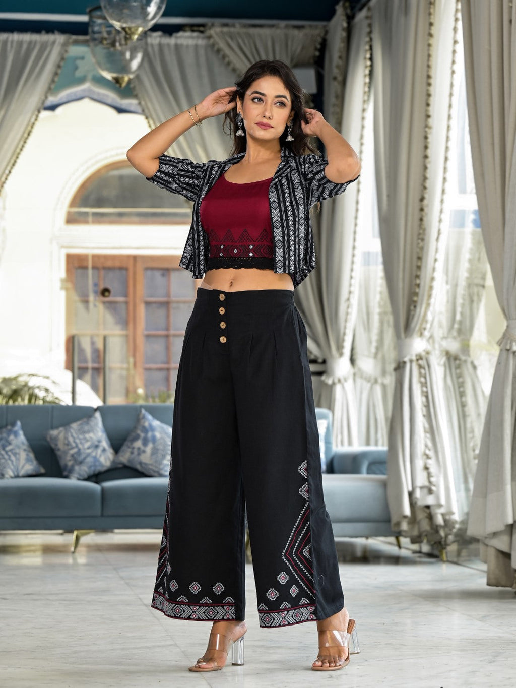 Juniper Women's Black Geometric Printed Liva Rayon Shrug With Inner & Palazzo Set With Thread & Mirror Work | Grocsy
