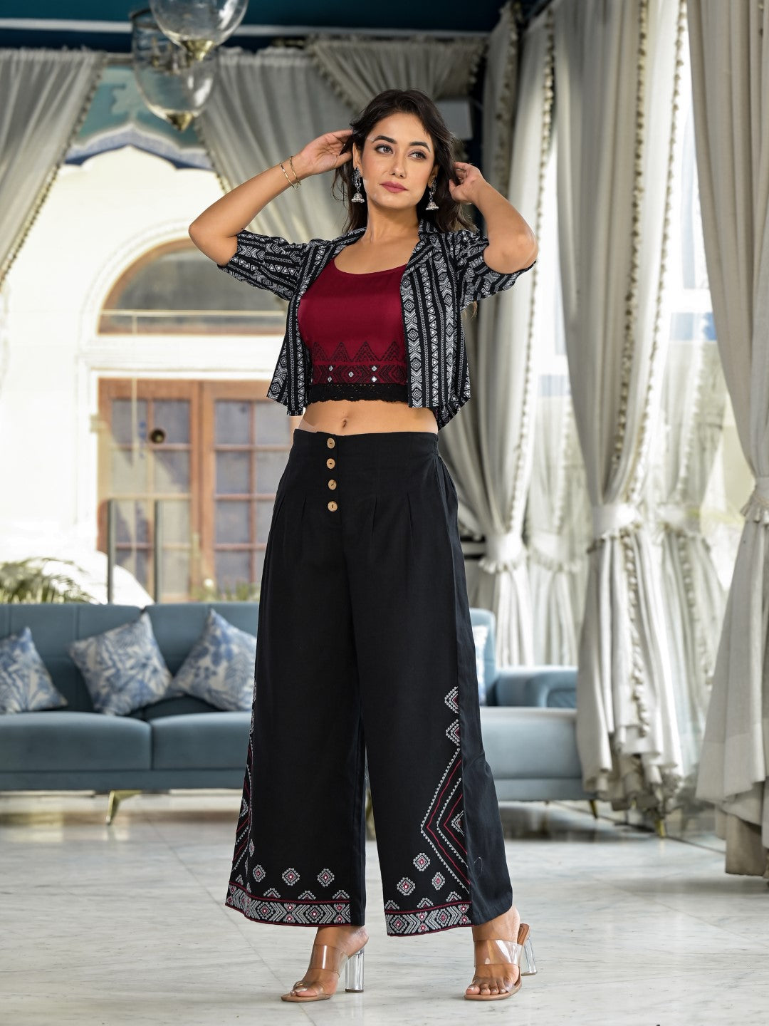 Juniper Women's Black Geometric Printed Liva Rayon Shrug With Inner & Palazzo Set With Thread & Mirror Work | Grocsy