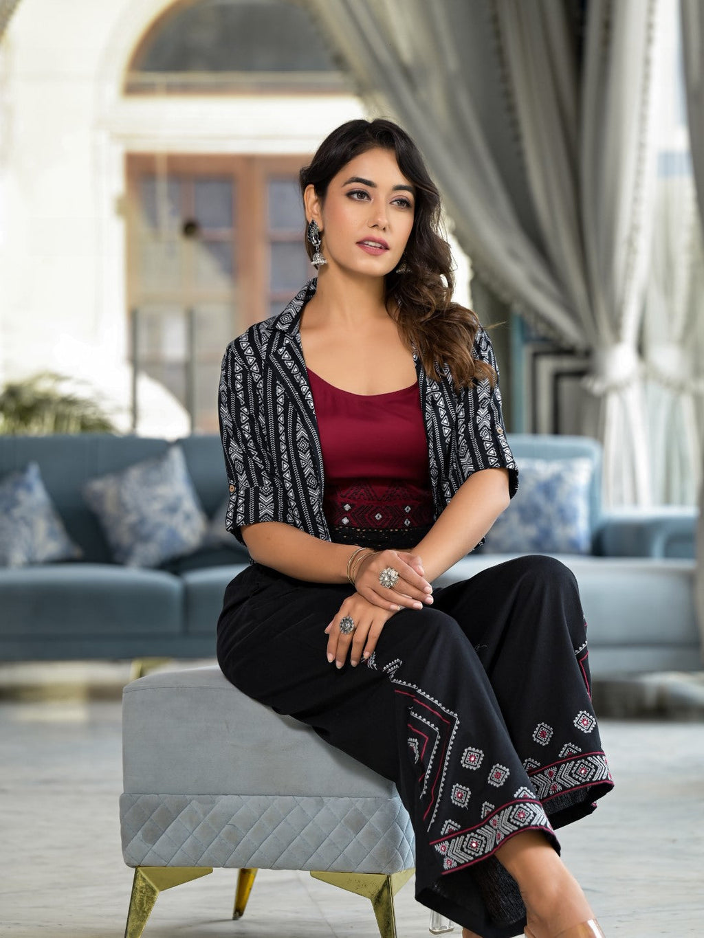 Juniper Women's Black Geometric Printed Liva Rayon Shrug With Inner & Palazzo Set With Thread & Mirror Work | Grocsy