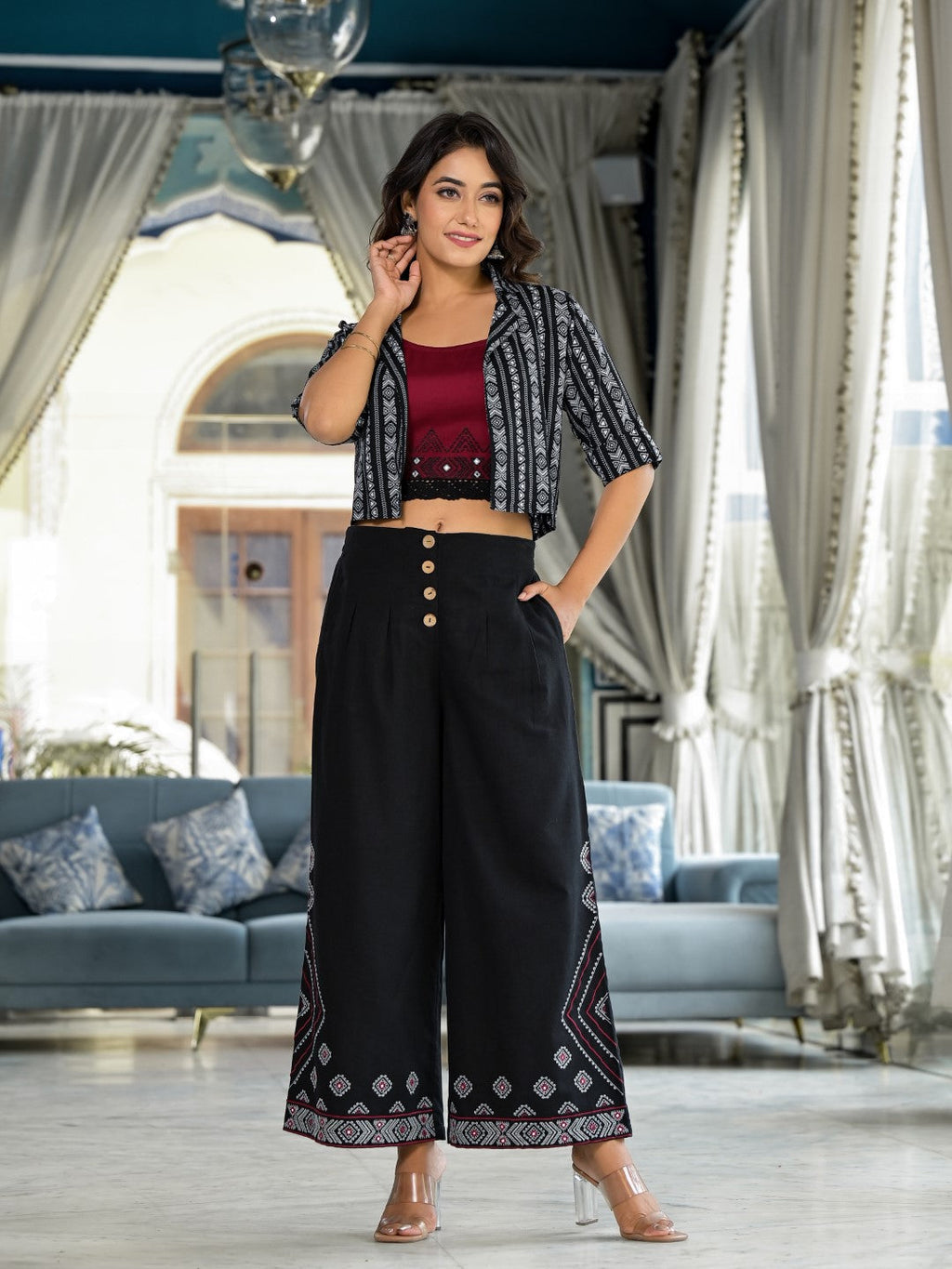Juniper Women's Black Geometric Printed Liva Rayon Shrug With Inner & Palazzo Set With Thread & Mirror Work | Grocsy