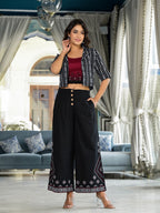 Juniper Women's Black Geometric Printed Liva Rayon Shrug With Inner & Palazzo Set With Thread & Mirror Work | Grocsy