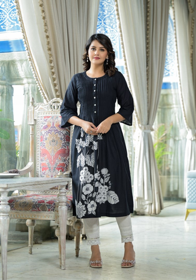 Juniper Women's Black Floral Printed Cotton Kurta With Button Detailing | Grocsy