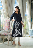 Juniper Women's Black Floral Printed Cotton Kurta With Button Detailing | Grocsy