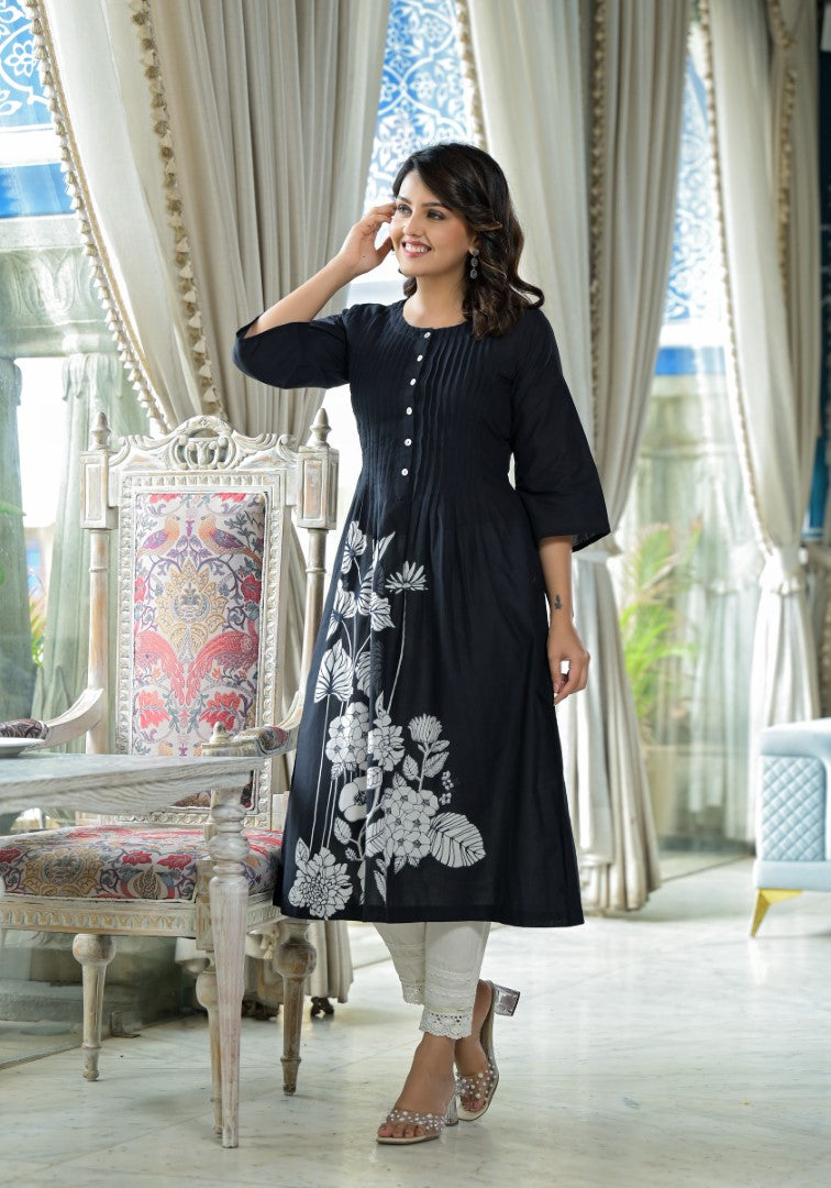 Juniper Women's Black Floral Printed Cotton Kurta With Button Detailing | Grocsy