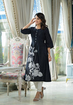 Juniper Women's Black Floral Printed Cotton Kurta With Button Detailing | Grocsy