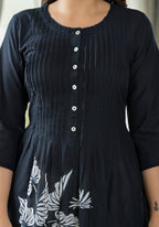 Juniper Women's Black Floral Printed Cotton Kurta With Button Detailing | Grocsy