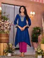 Juniper Women's Blue Viscose Rayon Embroidered Kurta Set | Grocsy
